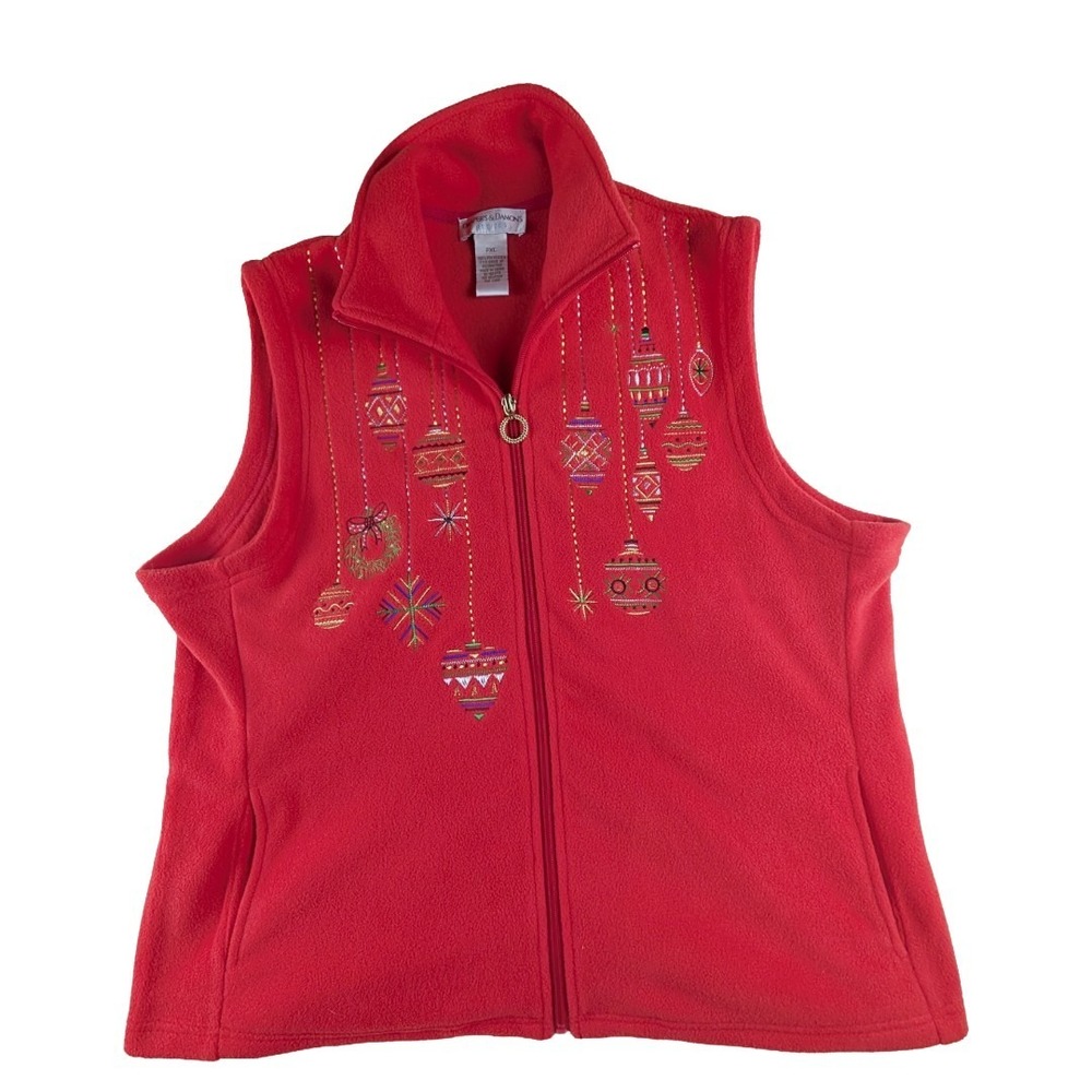 Women's Red Fleece Zip Up Vest Christmas Ornament Embroidery Wreath‎ Zipper PXL